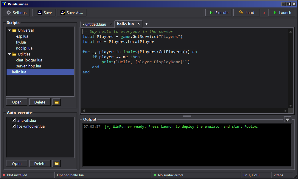 The WinRunner window: script list and Auto-execute on the left, a Luau editor tab and the Output console on the right.